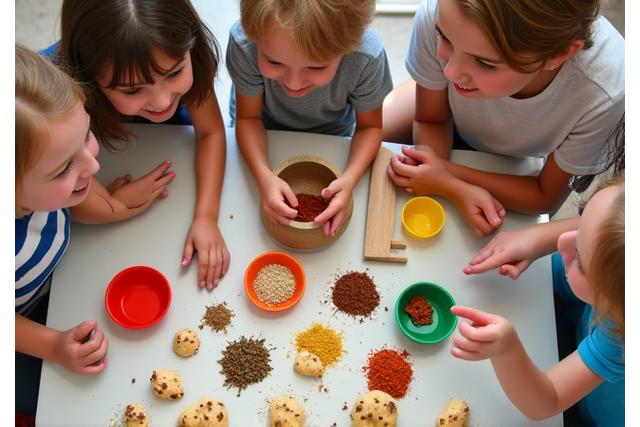子供たちが楽しそうにスパイスを嗅いだり触ったりしているワークショップ風景。